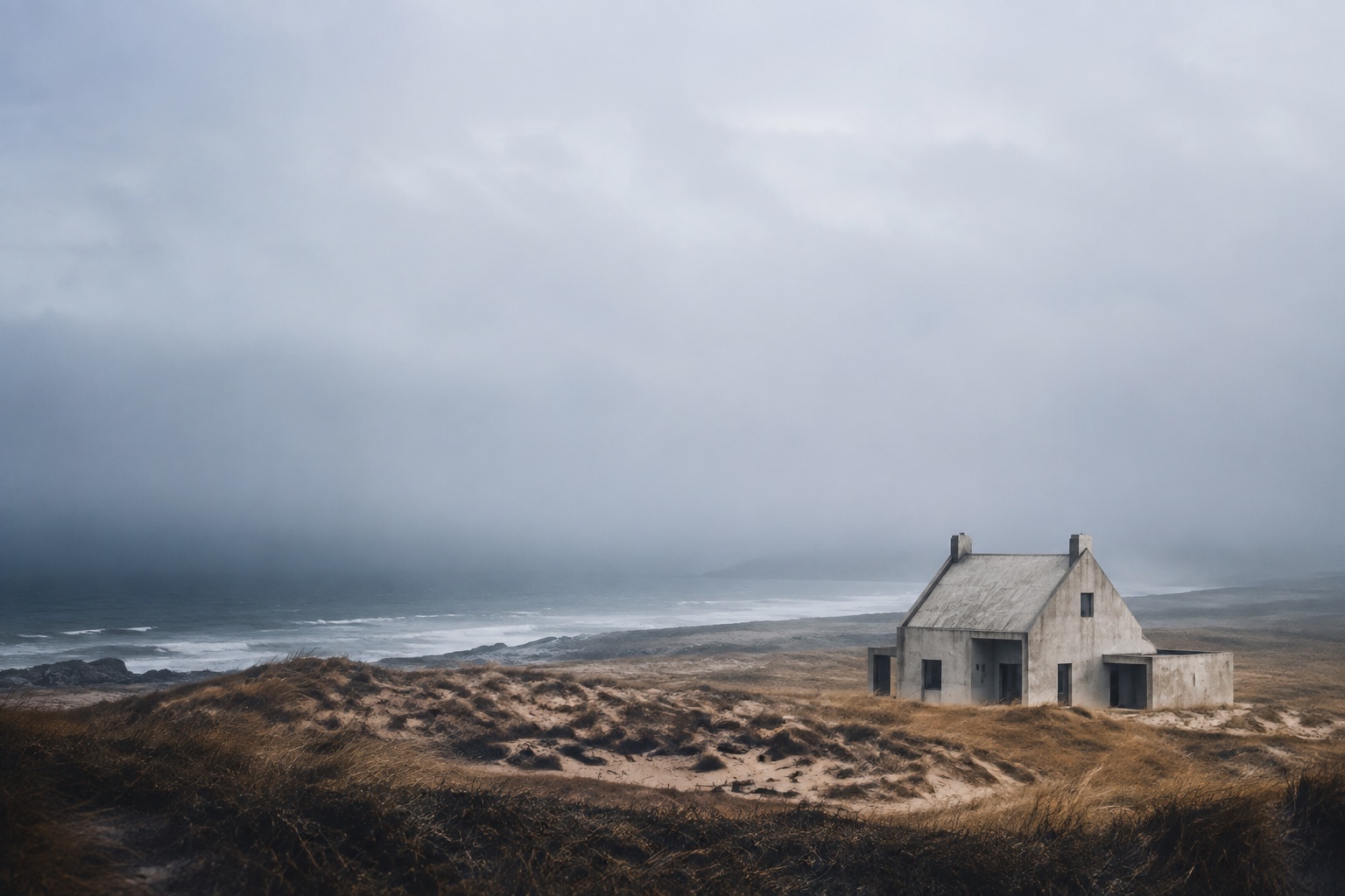 A solitary pale house beside a windswept coast